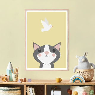 Vorschau von Poster: Graue Katze und Vogel 